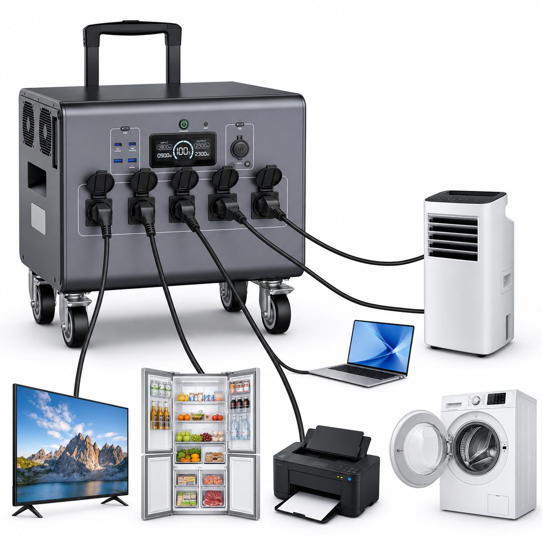 Grande station d'énergie sur roulettes alimentant un réfrigérateur, une télévision, un ordinateur portable, une imprimante et une machine à laver