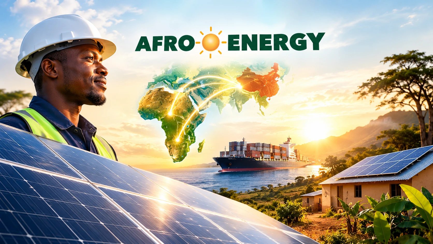 Installateur devant des panneaux solaires ; une carte relie la Chine à l'Afrique de l'Ouest, un porte-conteneurs fait route vers une maison équipée de panneaux